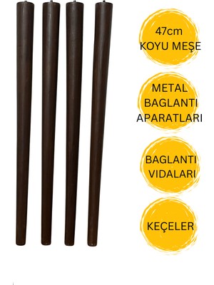 Hamadex 47 cm Koyu Meşe Ahşap Sehpa Ayağı 4 Adet Ayak| Mobilya Ayağı + Metal Bağlantı Aparatları