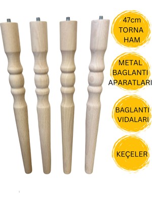 Hamadex 47 cm Ham Torna Ahşap Sehpa Ayağı 4 Ayak | Mobilya Ayağı + Metal Bağlantı Aparatları