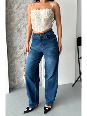 Baggy Süper Taş Bıyık Yıkama Koyu Mavi Jeans Pantolon D2007