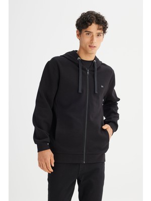 Regular Fit Normal Kesim Kapüşonlu Fermuarlı Siyah Sweatshirt Ceket