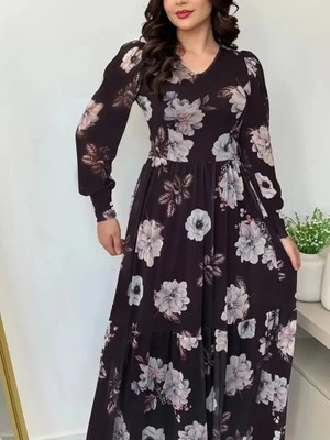 Kadın Uzun Kollu V Yakalı Çiçek Desenli Maxi Süprem Elbise