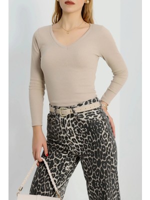 V Yaka Kaşkorse Bluz Bej A3699