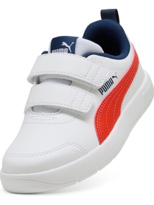 Puma Courtflex V3 V Ps-White-Fierce Red-Blue Kız Çocuk Ayakkabı Düz Tabanlı Hafif Yapı
