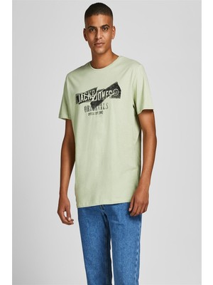 Jack & Jones 12205944_Jorcomfortbranding Tee Bisiklet Yaka Standart Kalıp Baskılı Açık Yeşil Erkek
