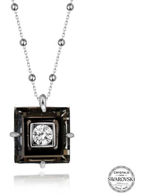 Aya Diamond Swarovski Crystal Taşlı Top Zincir Siyah Elmas Gümüş Kadın Kolye