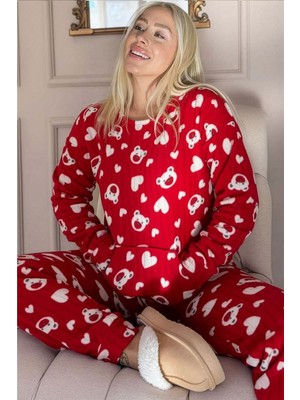 Kırmızı Print Bear Desenli Kanguru Cepli Peluş Polar Pijama Takımı