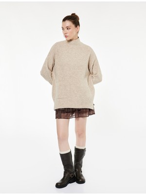 Dik Yaka Uzun Kollu Cep Detaylı Oversize Triko Tunik