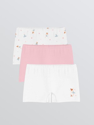 LC Waikiki Baskılı Kız Çocuk Boxer Set 3'lü Ekru Dropsuz Pamuklu Kumaş Standart Kalıp