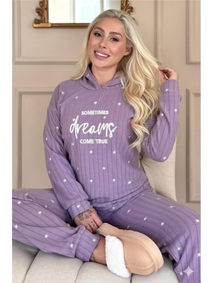 Lila Dreams Desenli Kapşonlu Peluş Polar Pijama Takımı