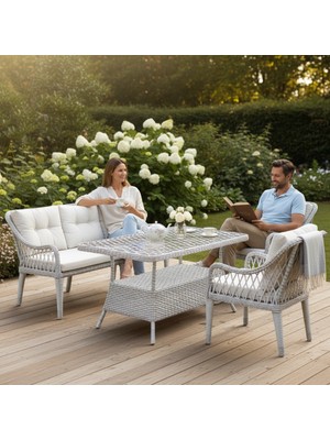 Tu Tienda Alüminyum Kaş 3+1+1+Masa(80*140) Rattan Bahçe Balkon Mobilyası,Beyaz Rattan / Krem Kumaş