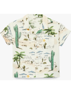 Baskılı Keten ve Viskon Karışımlı Cep Detaylı Kısa Kollu Gömlek