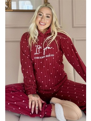 Bordo You Desenli Kapşonlu Peluş Polar Pijama Takımı