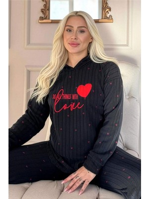 Siyah Love Desenli Kapşonlu Peluş Polar Pijama Takımı