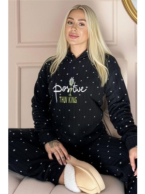 Siyah Positive Desenli Kapşonlu Peluş Polar Pijama Takımı