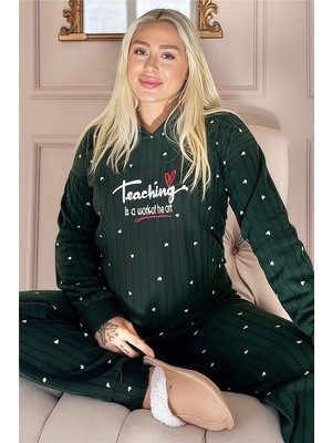 Yeşil Teaching Desenli Kapşonlu Peluş Polar Pijama Takımı