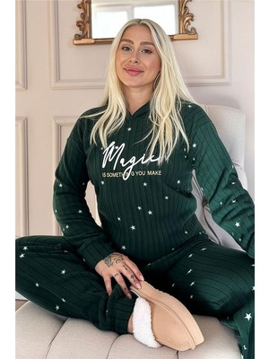Yeşil Magic Desenli Kapşonlu Peluş Polar Pijama Takımı