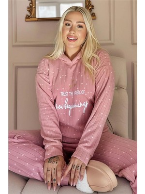 Pembe Magic Desenli Kapşonlu Peluş Polar Pijama Takımı