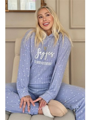 Mavi Yes Desenli Kapşonlu Peluş Polar Pijama Takımı