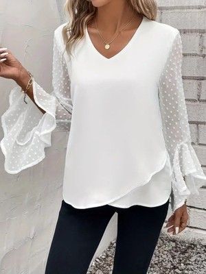 Passense Kadın Uzun Kollu V Yakalı Kolları Ispanyol Detayı Sandy Bluz