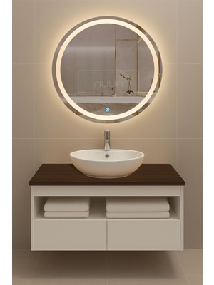Aurora 60CM Banyo Dolabı Seti (Yuvarlak Ledli Dokunmatik Ayna + Mdf Lavabo Dolabı, Seramik Lavabo)