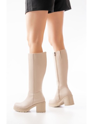 767-3013 Bej Fermuarlı Günlük Kadın Çizme