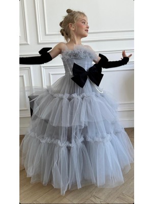 Kız Çocuk Abiye Inci Fiyonk Detaylı Tül Elbise