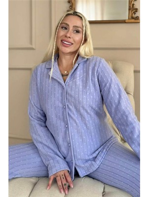 Bebe Mavi Mini Dotted Desenli Önden Düğmeli Peluş Polar Pijama Takımı