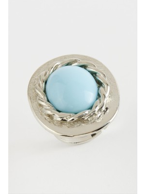 Depomix Oval Turkuaz Taşlı Yüzük-Gümüş Rengi