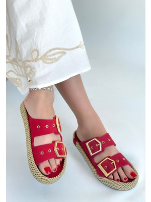 Hasır Tabanlı Tokalı Terlik Nubuk Kırmızı Topuk Boyu 1 cm