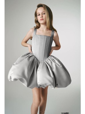 Kız Çocuk Abiye Kare Yaka Balon Etekli Elbise