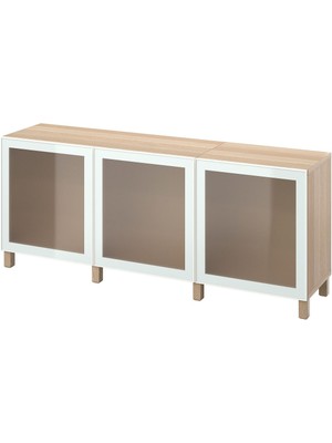 Dolap Kombinasyonu, Ağartılmış Meşe Görünümlü-Beyaz-Buzlu Cam, 180X42X74 Cm, Glassvık, Stubbarp-Ağartılmış Meşe Görünümlü