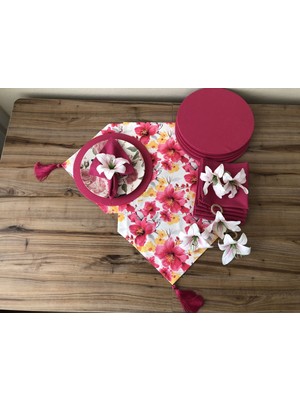 Sofra Sunum Seti Fuşya Sarı Büyük  Çiçek Desenli Takım