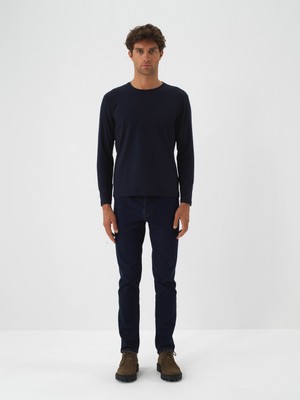 Erkek Lacivert Modal Dokulu Slim Fit Uzun Kollu Tişört