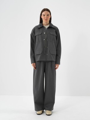 Kadın Gri Esnek Dokulu Oversize Ceket