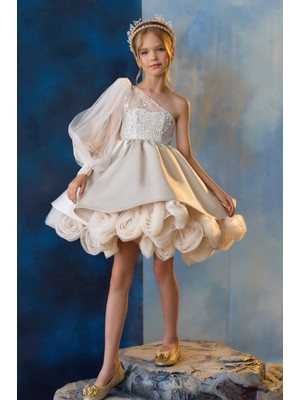 Kız Çocuk Abiye Gül Detaylı Tek Kol Elbise