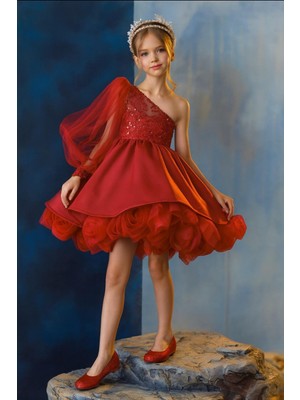 Kız Çocuk Abiye Gül Detaylı Tek Kol Elbise