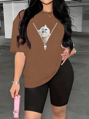 Kadın Fermuar Kedi Baskılı T-Shirt Tayt (Kısa) Takım Kombin Oversize Salaş