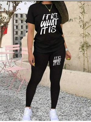 Woodroffe Kadın Oversize T-Shirt Tayt Takım Salaş Kombin Boyfriend Düz Desenli Siyah Rahat Kullanım