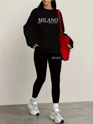 Kadın Baskılı Siyah Tayt - Sweatshirt Takım 2'li Kombin Oversize Salaş Boyfriend