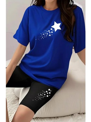 Kadın Kayan Yıldız Baskılı Kısa Tayt T-Shirt Takım Kombin Oversize Salaş Boyfriend