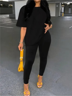 Kadın Uzun Tayt T-Shirt Kombin Oversize Takım Salaş Boyfriend