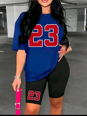 Kadın Alt-Üst 23 Baskılı Tayt-T-Shirt Takım Oversize Salaş Boyfriend