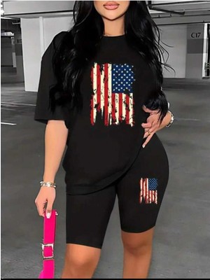 Tasarım Baskılı Kadın Kısa Tayt Oversize Salaş Boyfriend T-Shirt Takım