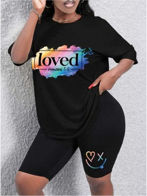 Tasarım Baskılı Kadın Kısa Tayt Oversize Salaş Boyfriend T-Shirt Takım