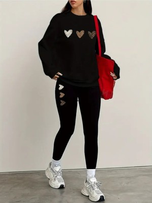 Kadın Siyah Tayt - Sweatshirt Takım 2'li Kombin Oversize Salaş Boyfriend
