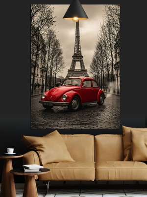 Eyfel Kulesi ve Kırmızı Araba Dekoratif Kanvas - Mdf Ahşap Tablo
