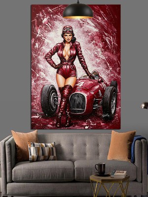 Kırmızı Arabalı Retro Kadın Dekoratif Kanvas - Mdf Ahşap Tablo