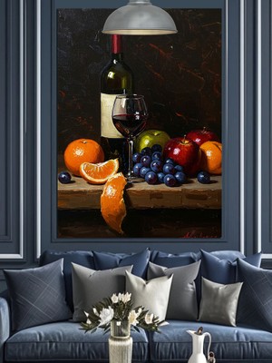 Meyve ve Şarap Natürmort Dekoratif Kanvas - Mdf Ahşap Tablo