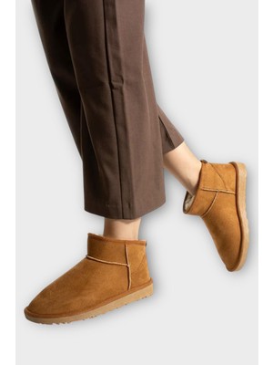 Mini Süet Içi Kürklü Alçak Taban Bilekte Kısa Kadın Bot Taba