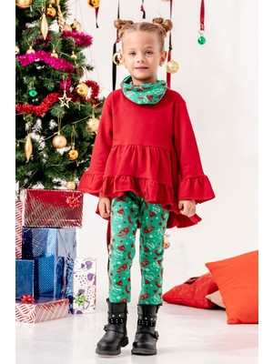 Fırfır Detaylı Bandanalı Taytlı 3'lü Kız Noel Takım